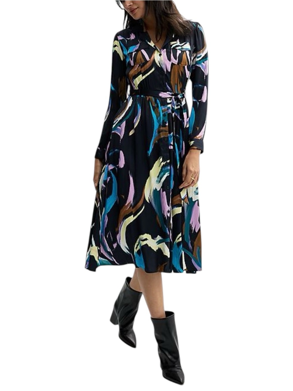 Nine West Collared Midi Shirt Dress Belted Fit & Flare Satin Feel - Women’s L